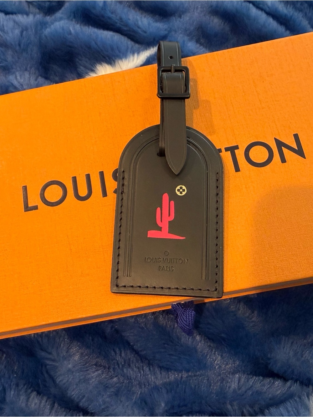 Louis Vuitton Black Leather Tag with Cactus and Gold Accent